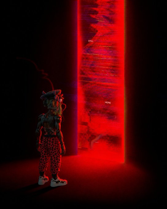 A dark artistic render of a robotic character with a mushroom head and leopard-print pants standing before a glowing red portal labeled 'STILL' and 'HERE'.