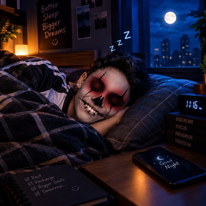 A stylized image of a person with skull face paint sleeping in bed at night, with a glowing phone displaying 'Good Night' and a digital clock showing 11:16 PM.