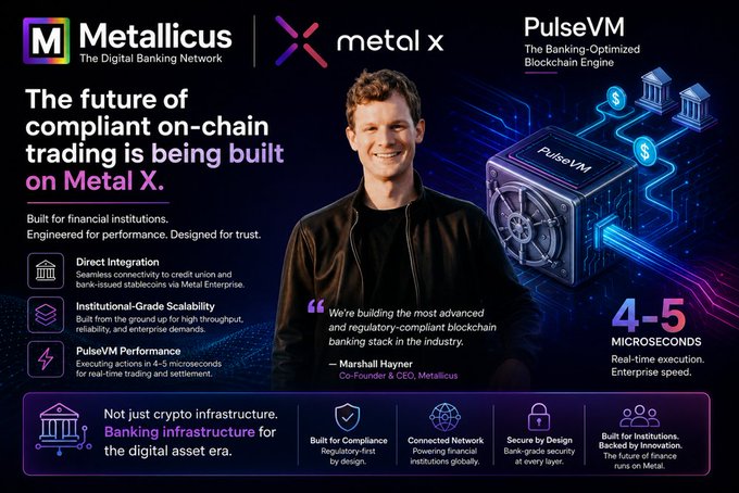The image features a man smiling at the camera, with a poster or advertisement for Metal X and PulseVM behind him. The poster includes text that talks about the future of compliant on-chain trading integration into PulseVM execution, as well as the bank's focus on building financial institutions to support this integration. The post also mentions the development of a new type of cryptocurrency called PulseVM, which is designed for regulatory compliance and can be executed in 4-5 microseconds.