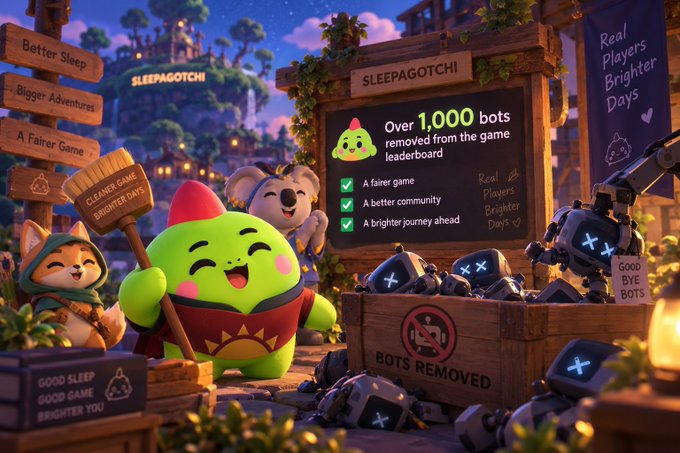 A colorful 'SLEEPAGOTCHI' promotional image showing a green character holding a 'CLEANER GAME BRIGHTER DAYS' sign, with a chalkboard reading 'Over 1,000 bots removed from the game leaderboard' above a box of discarded robot bots.