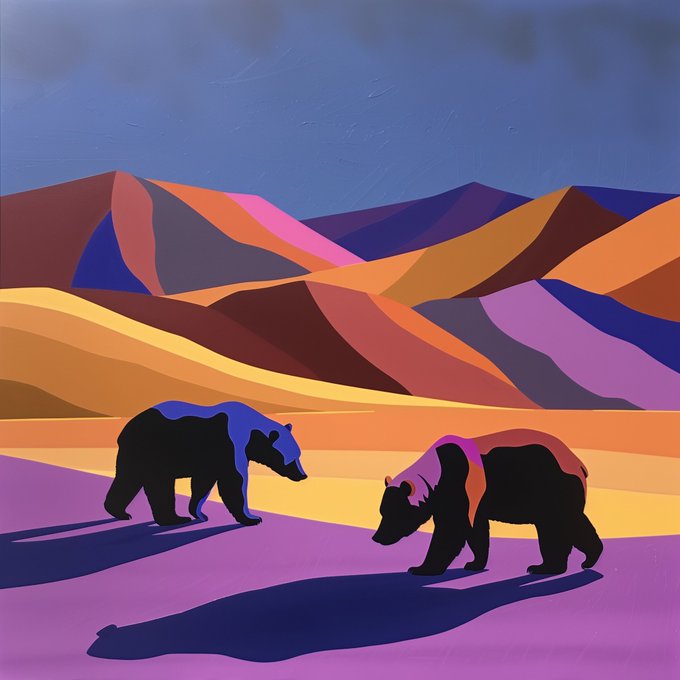 The image features two bears walking across a desert landscape, with mountains in the background. The bears are positioned next to each other, facing opposite directions as they walk through the arid terrain. The painting has an abstract style that emphasizes the shapes and colors of the natural environment rather than realistic details.