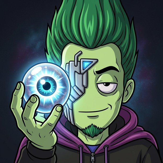 An anime-style illustration depicts a green-haired character with a cybernetic eye piece holding up a glowing, futuristic eyeball against a starry cosmic background.
