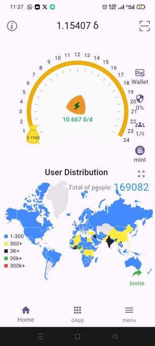 A mobile app screenshot displaying a token reward dashboard showing 1.15407 token with a daily rate of 10.667 $/d and a world map showing user distribution of 169,082 people.