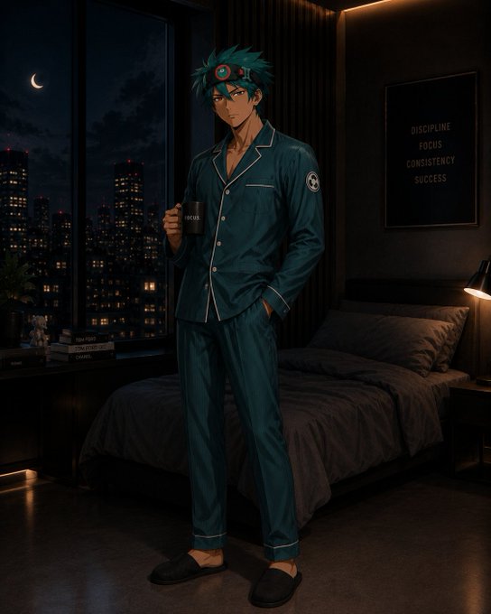 An anime-style illustration of a young man with teal hair wearing dark green silk pajamas and goggles on his head, holding a mug in a modern bedroom at night. A framed poster on the wall reads 'DISCIPLINE FOCUS CONSISTENCY SUCCESS'.