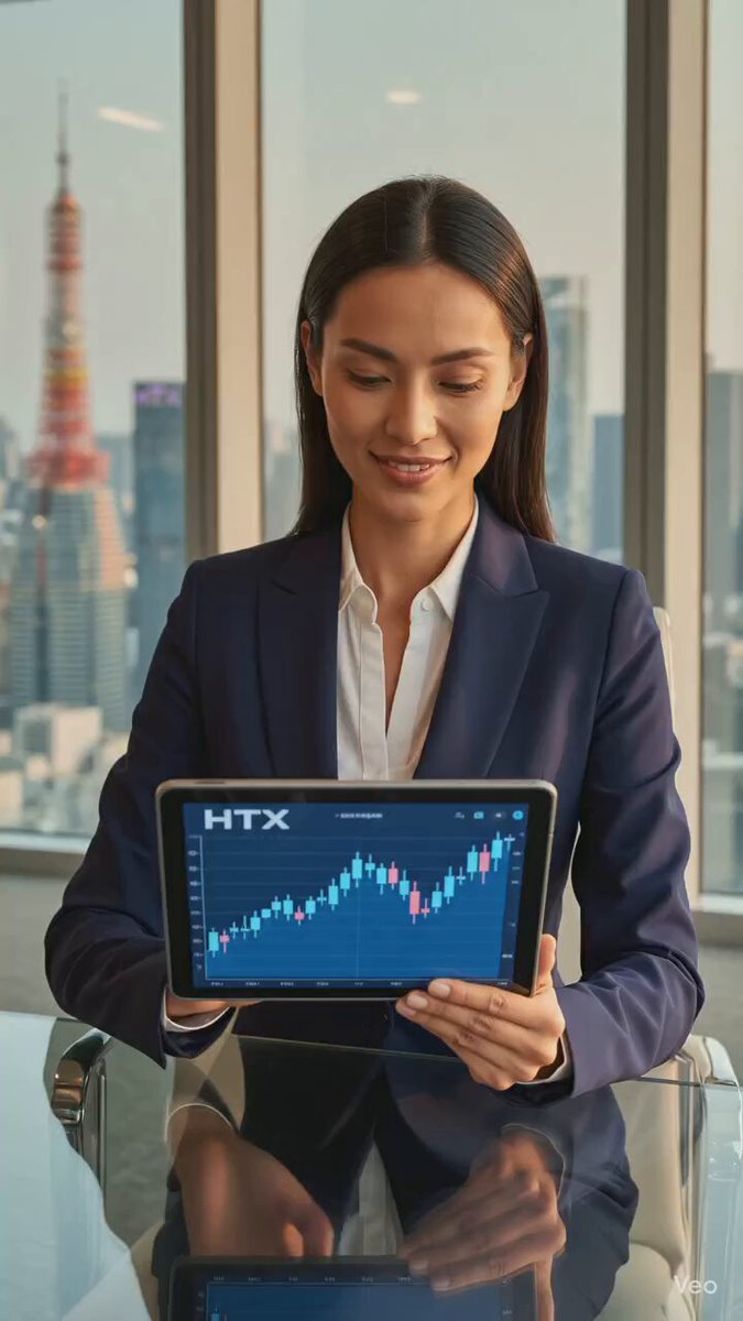 The image shows a woman sitting at a desk, wearing a suit jacket and looking down at her laptop computer. The content displayed on the screen appears to be about cryptocurrency or related financial topics. This suggests that the woman may have an interest in investing or working with crypto currency.
