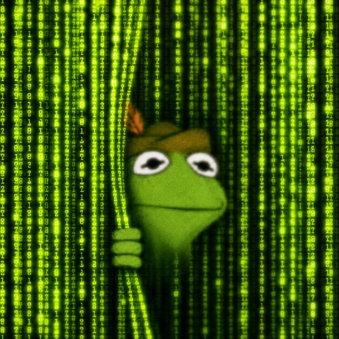 A Muppet-like frog character wearing a feathered hat peers through a curtain of green Matrix-style digital code, holding the code aside like a curtain.