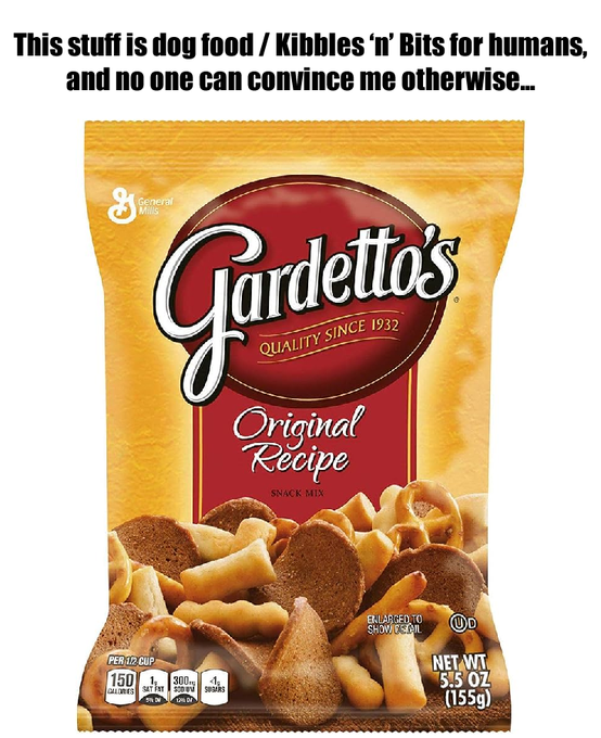 A bag of Gardetto's Original Recipe Snack Mix (5.5 oz / 155g) from General Mills, with a caption joking that it looks like "dog food / Kibbles 'n' Bits for humans." The image has no connection to the post, which promotes a cryptocurrency ($VOID) and its supposed 30x gains in a private trading group.