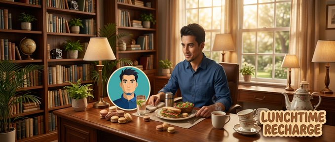 AI-generated image showing a man in a blue shirt sitting at a wooden desk in a library-like setting with a meal in front of him, accompanied by a cartoon avatar inset and the stylized text 'LUNCHTIME RECHARGE.'