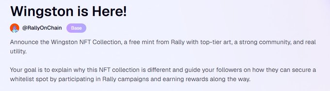 The image shows a screenshot of a message posted on social media. The message is about an NFT collection called Wingston that was created for a Kickstarter campaign. It explains that this collection is free and invites people to participate by sharing their favorite artists or projects with others, as it aims to create a strong community around the NFTs. The post also mentions that there are rewards available for those who engage in the campaign.