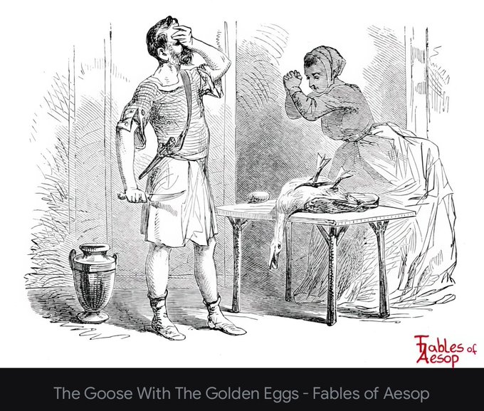 An illustration titled 'The Goose With The Golden Eggs - Fables of Aesop' showing a man and woman discovering a golden egg from a goose, from the Fables of Aesop collection.