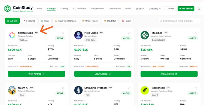 A screenshot of the CoinStudy Airdrops page highlights the **Startale App** (Web3 App, ACTIVE) with an estimated airdrop of **$100–$1K**, **$70M funding**, Easy difficulty, and a "With Concerns" Halal status—matching the post's mention of a Soneium-related airdrop project with a similar estimated reward.