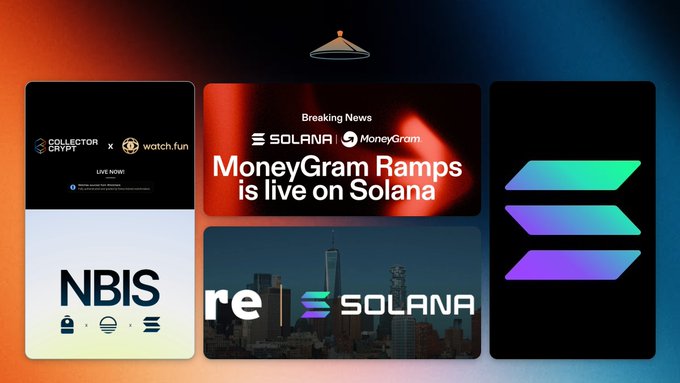 A Solana news collage featuring headlines about MoneyGram Ramps going live on Solana, an NBIS partnership, a Collector Crypt x watch.fun NFT drop, the re reUSD launch, and the Solana logo. The image visually supports the post's roundup of Solana ecosystem developments, including the MoneyGram Ramps launch and the reUSD rollout.