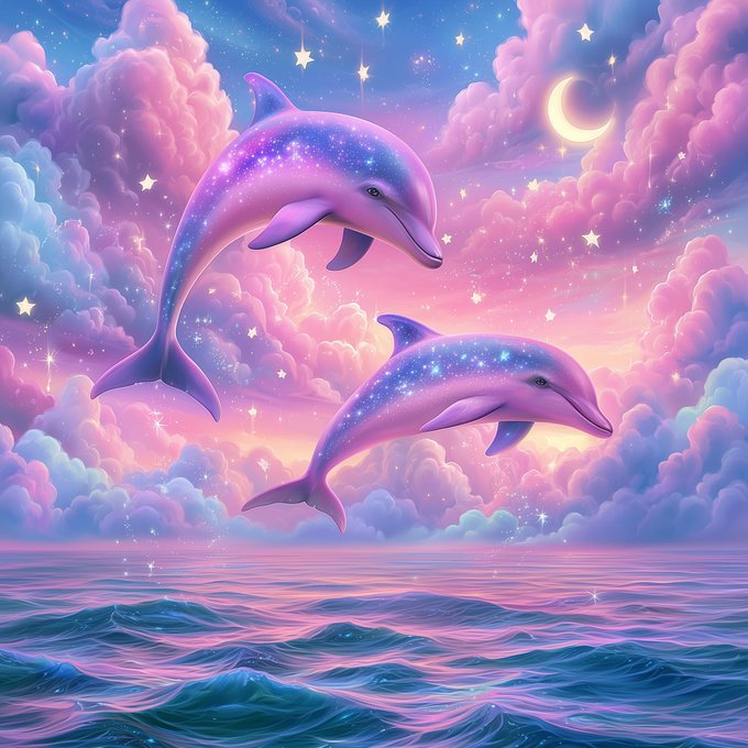 A whimsical digital illustration of two galaxy-patterned dolphins leaping through pink and purple clouds over a starry ocean under a crescent moon.
