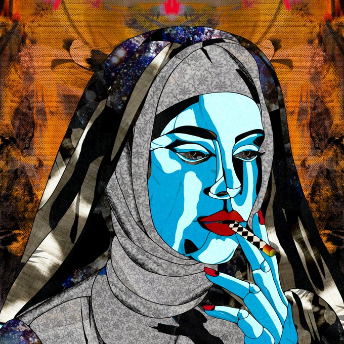 A pop-art style digital illustration of a woman with a grey patterned hijab and blue skin, smoking a checkered lollipop against a fiery orange background.