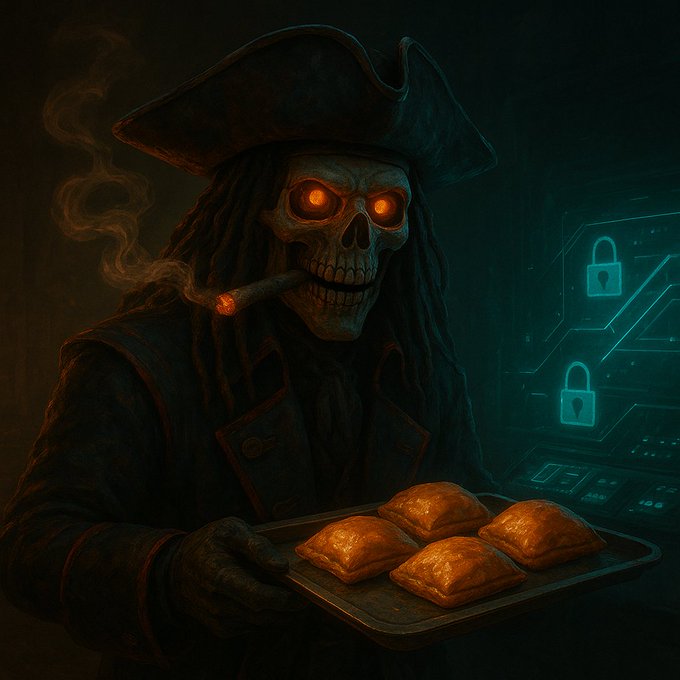 A skeletal pirate with glowing orange eyes wearing a tricorn hat smokes a cigar while holding a tray of golden-brown pastries, with padlock security icons glowing in the background.