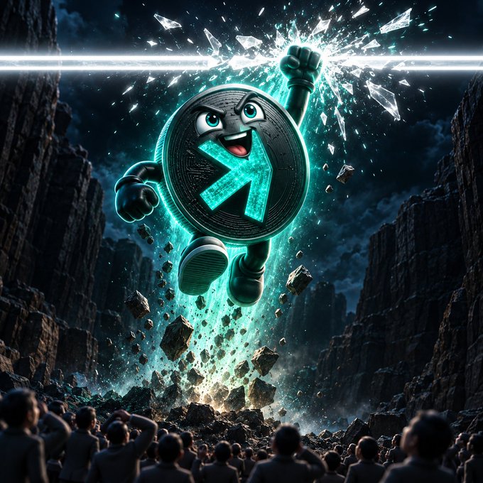 Dramatic digital artwork depicting an animated coin character with a Kaspa 'K' symbol smashing through a wall of debris with a powerful punch, watched by an impressed crowd.