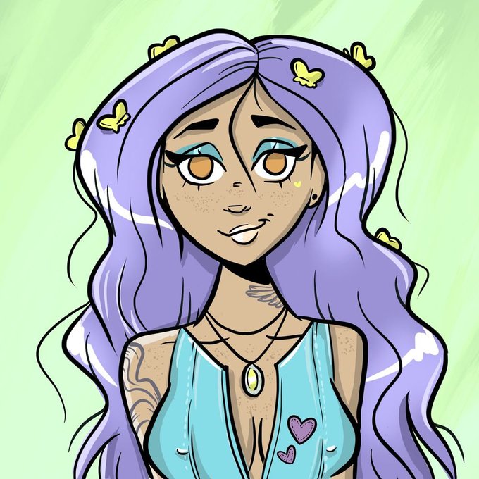 A cartoon-style illustration features a young woman with long, wavy lavender hair adorned with small yellow butterflies. She has tan skin, freckles, and wears a light blue top with pink heart details and layered necklaces.