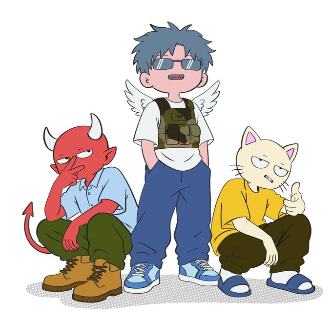 An illustration of three cartoon characters: a red devil sitting on the left, a blue-haired person with sunglasses and angel wings standing in the center, and a beige cat giving a thumbs-up on the right.