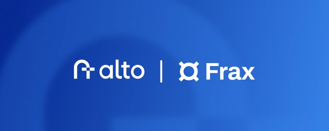 The image features a logo for a company called "Alto" that is collaborating with another company, "Frax", to create a new financial service. The logo consists of a blue circle containing an arrow pointing towards the word "Curve". Below this logo, there are two white words written in black text: "Alto" and "Frax". The image also includes some text that reads "Focus on what is in the image and how it relates to the post".