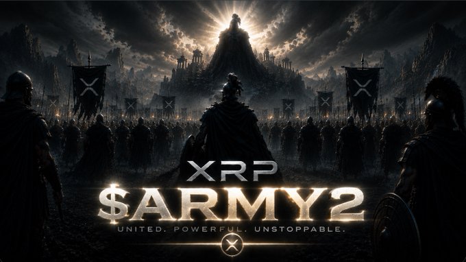 A dark, epic battle scene depicts an army of silhouetted soldiers holding X-marked banners before a towering figure on a mountain, with text reading "XRP $ARMY2 - UNITED. POWERFUL. UNSTOPTABLE." promoting the launch of the Army2 meme coin for XRP holders, as indicated by the displayed contract address.
