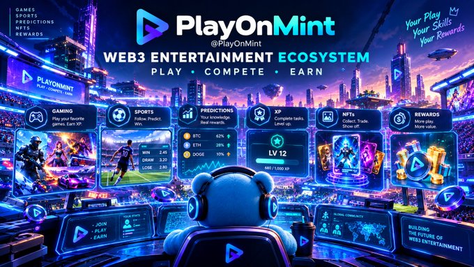 A promotional graphic for 'PlayOnMint' (@PlayOnMint) showcases a 'WEB3 ENTERTAINMENT ECOSYSTEM' with gaming, sports, predictions, XP, NFTs, and rewards sections over a futuristic cityscape.