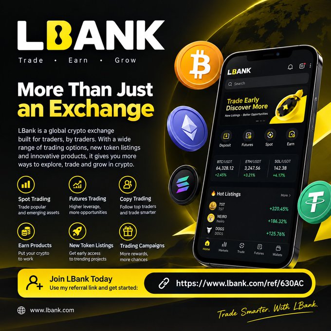 This is a promotional advertisement for LBank, a global crypto exchange established in 2015, featuring its yellow and black branding alongside a mobile app screenshot displaying trading features like Spot Trading, Futures Trading, Copy Trading, and various crypto pairs (BTC/USDT, ETH/USDT, SOL/USDT) along with hot listings such as TST (+320.45%), NEIRO (+186.32%), and DOGS (+125.76%). The ad invites viewers to join via the referral link https://www.lbank.com/ref/630AC, aligning with the accompanying post's endorsement of LBank as a worthwhile exchange for traders seeking diverse trading opportunities and new token listings.