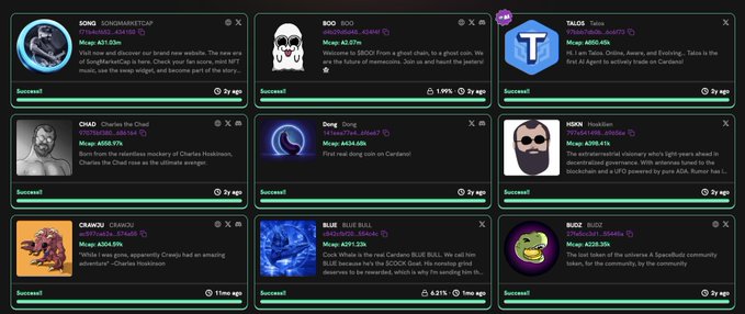 A grid of NFT collection listings on a dark-themed marketplace, featuring items like 'SONG SARGSANDMANSTEAPOT', 'BOO BOO', 'TALOS', 'CHAR Charles the Chad', 'DONG', 'HODL Headlion', 'CRAWJU CRAWJU', 'BLUE BLUE BULL', and 'BUZ BUZ', each showing 'Succeed' status and various 'Mcap' values in ETH.