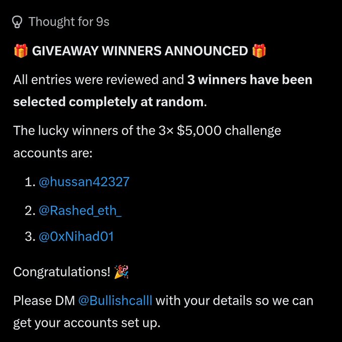 A social media post announcing giveaway winners for 3× $5,000 challenge accounts, listing winners as @hussan42327, @Rashed_eth_, and @0xNihad01, with instructions to DM @Bullishcall.