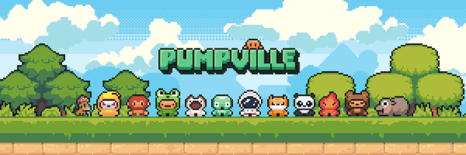 A pixel art banner for 'PUMPVILLE' showing various colorful characters lined up against a sky and tree background.