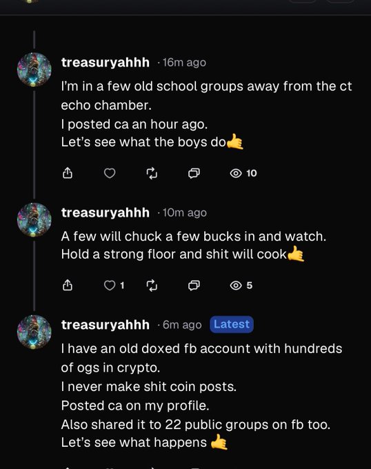 A series of social media comments by user 'treasuryahhh' discussing a cryptocurrency post that was shared on Facebook, with timestamps of 16m, 10m, and 6m ago.