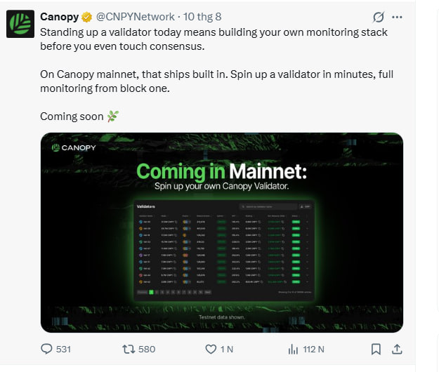 A tweet from Canopy (@CNPYNetwork) announcing 'Coming in Mainnet: Spin up your own Canopy Validator,' with a screenshot of the validator dashboard interface.