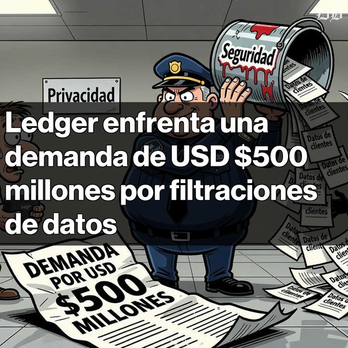 A Spanish-language cartoon illustration depicting a police officer holding a leaking can labeled 'Seguridad' (Security), with text stating 'Ledger enfrenta una demanda de USD $500 millones por filtraciones de datos' (Ledger faces a $500 million USD lawsuit for data breaches).