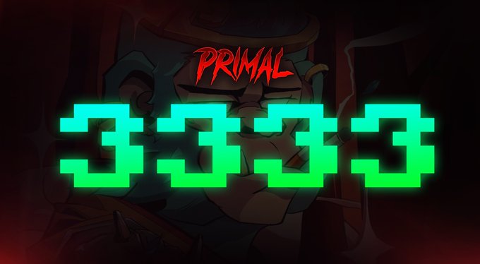 Graphic with the text 'PRIMAL' above glowing green digital '3333' numbers over a dark character illustration.