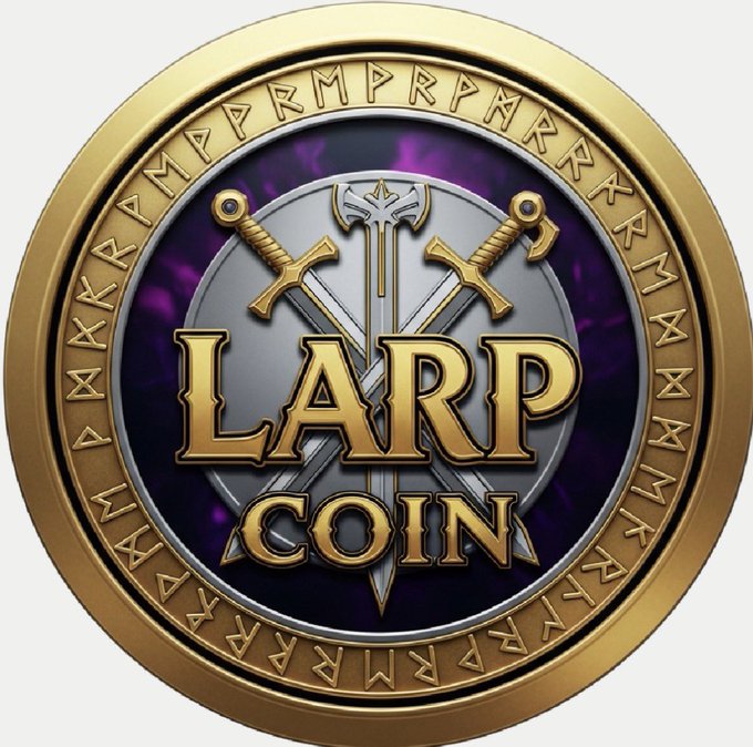 A gold and silver coin with a purple background features crossed swords behind a shield, encircled by runic text, with the bold gold lettering "LARP COIN" prominently displayed at the center, matching the meme-inspired $LARP token ticker and its rocket-ship hype.