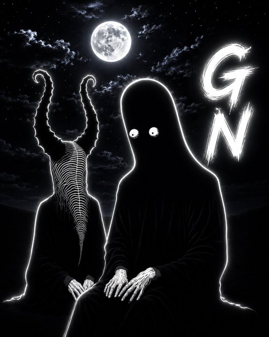 This image depicts two eerie figures under a full moon with the bold letters "GN" glowing in the dark, fitting the "Good night" theme of the accompanying post. The figures' unsettling appearance and the dark, atmospheric setting perfectly complement the post's message about exploring new projects and engaging with the community.