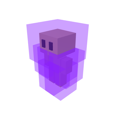 A purple voxel-style character with a blocky head, dark purple eyes, and simple blocky body set against a solid black background.