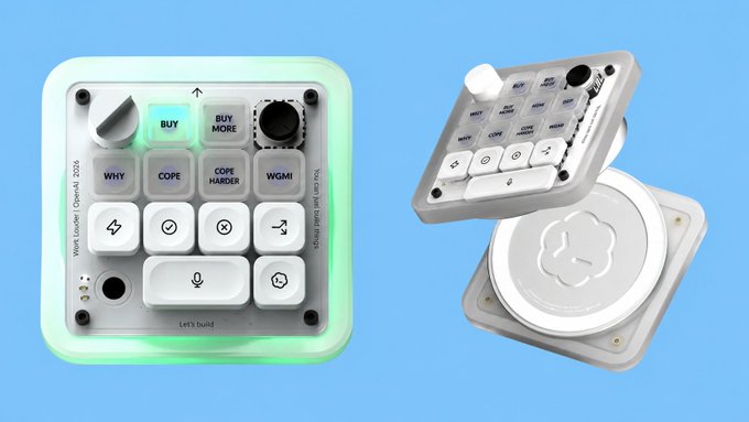 A product photo of a small customizable macro pad/keypad device with labeled keys including 'BUY', 'BUY MORE', 'WHY', 'COPE', 'COPE HARDER', and 'WGMI' with green LED backlighting.