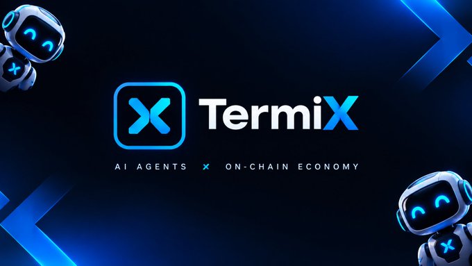 A promotional graphic for 'Termix' with the tagline 'AI AGENTS X ON-CHAIN ECONOMY', featuring cartoon robots on a blue background.