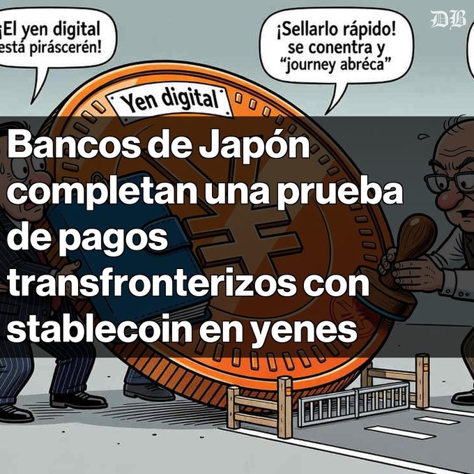 A cartoon illustration of men rolling a massive coin labeled "Yen digital", with Spanish text overlay reading "Bancos de Japón completan una prueba de pagos transfronterizos con stablecoin en yenes".