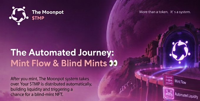 A promotional graphic for "The Moonot $TMP" titled "The Automated Journey: Mint Flow & Blind Mints," featuring a purple space-themed background with a portal and a moon.