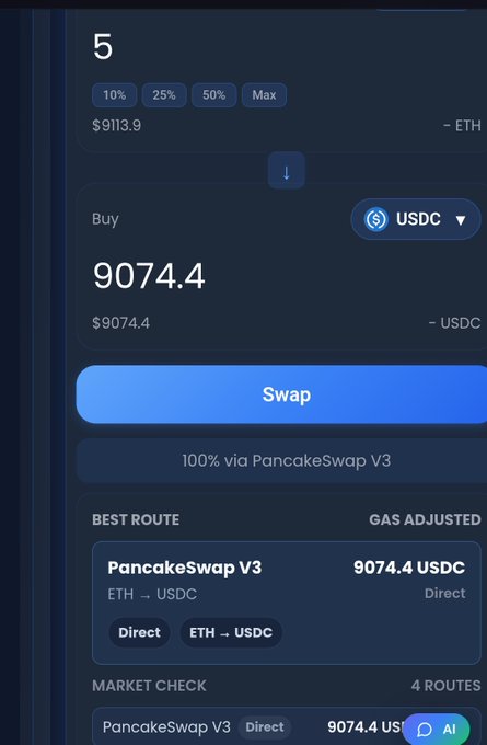 The image shows a smartphone screen displaying a crypto trading app called PancakeSwap. The main focus of the image is a screenshot of the app's interface, which provides information about the current cryptocurrency market and its various features such as the direction (left, middle or right) and the amount being swapped.