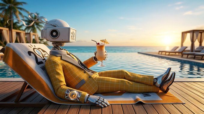 The image features a robot wearing a suit and holding a drink while sitting on a wooden deck overlooking an ocean view. The text "Coretoshis" appears multiple times throughout the image, suggesting that this vacation might be coming to an end for the creator of the image.