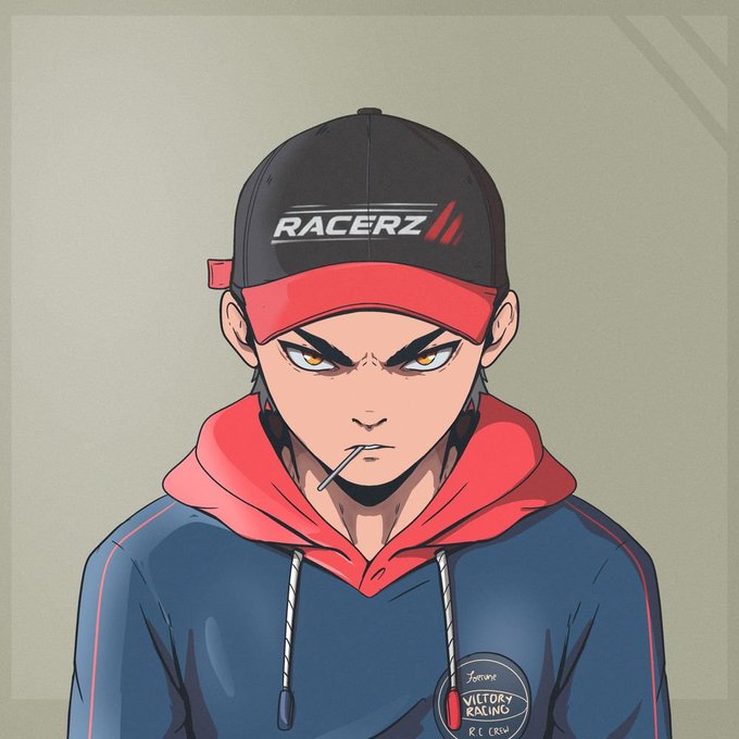 A digital anime-style illustration of an intense-looking male character wearing a black 'RACERZ' cap, a red hoodie, and a blue jacket with a 'Jannine VICTORY RACING R/C CREW' badge, with a stick in his mouth.