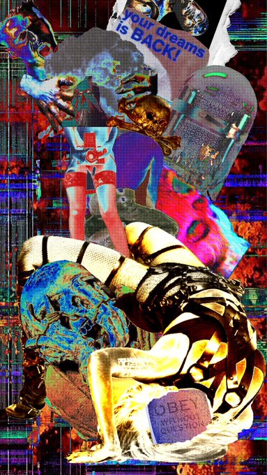 A colorful glitch-art collage featuring a blue skull, a skeletal figure, and text reading 'your dreams is BACK!' and 'OBEY WITHOUT QUESTION' in a chaotic, distorted aesthetic.