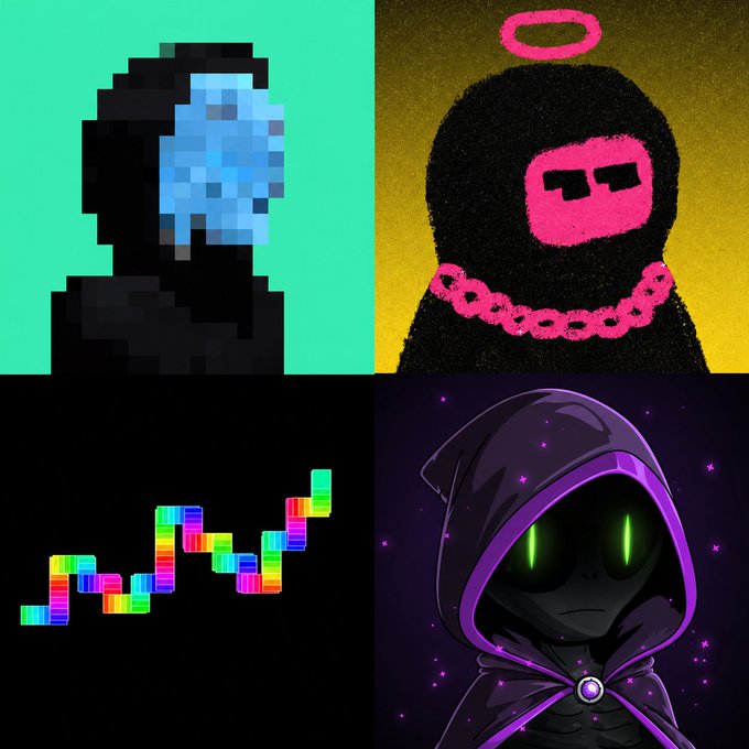 A four-panel image featuring a pixelated silhouette with a blue distorted face, a fuzzy black figure with pink sunglasses and a halo, a colorful Tetris-like stock chart, and a hooded character with glowing green eyes against a starry purple background.