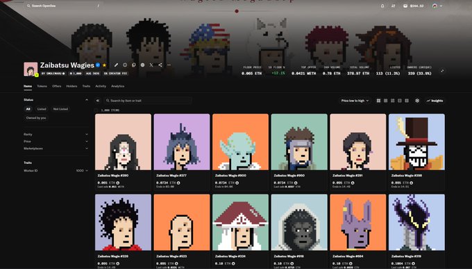 A screenshot of the Zaibatsu Wagies NFT collection on OpenSea, displaying various pixel-art avatars with prices ranging from 0.005 ETH to 0.38 ETH, along with stats including a floor price of 0.005 ETH, 0.78% listed, and 339 items owned. The image directly showcases the "Grails at floor" mentioned in the caption, highlighting affordable NFT listings within the collection.