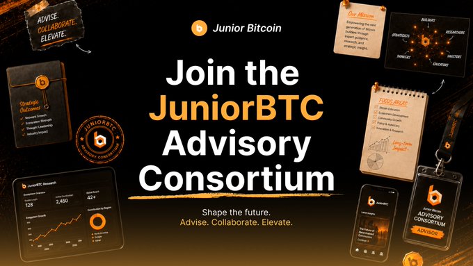 A promotional graphic for the JuniorBTC Advisory Consortium features a dark background with the headline "Join the JuniorBTC Advisory Consortium" and the tagline "Advise. Collaborate. Elevate." Surrounding visuals include branded notebooks, lanyards, a dashboard showing 128 Ecosystem Projects and 2,450+ Community Members, and the Junior Bitcoin logo, visually reinforcing the announcement of the new advisory group dedicated to ecosystem growth and strategic collaboration.