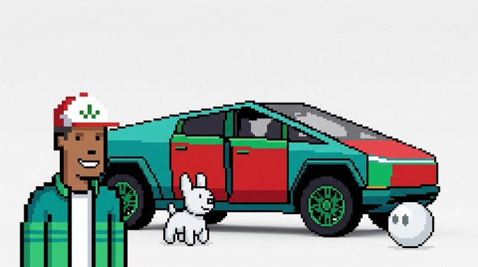 Pixel art illustration showing a man in a green jacket and red/white cap standing next to a teal and red car with a small white dog.