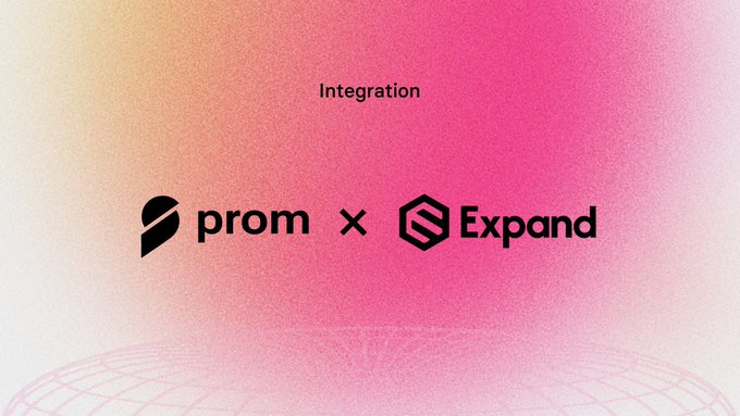 **Caption:** A pink-to-yellow gradient graphic displaying the text "Integration" above the logos of "prom" and "Expand," visually promoting the partnership between PROM ecosystem and ExpandZK to support trustless data verification infrastructure for Web3 and AI agents.