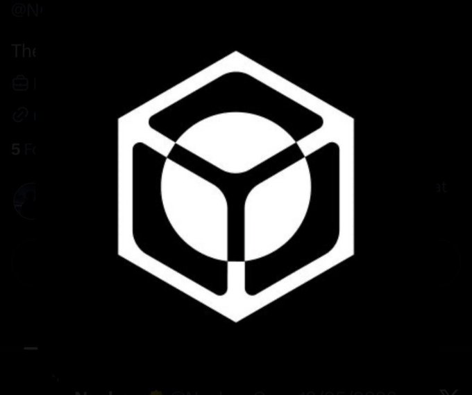 A black background displays a white hexagonal logo containing a stylized circle with geometric shapes inside, possibly a cryptocurrency or tech company emblem.